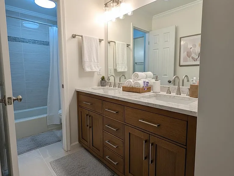 Well-appointed bathroom with a long double-sink vanity, expansive mirror, and a tub/shower combo for everyday convenience.