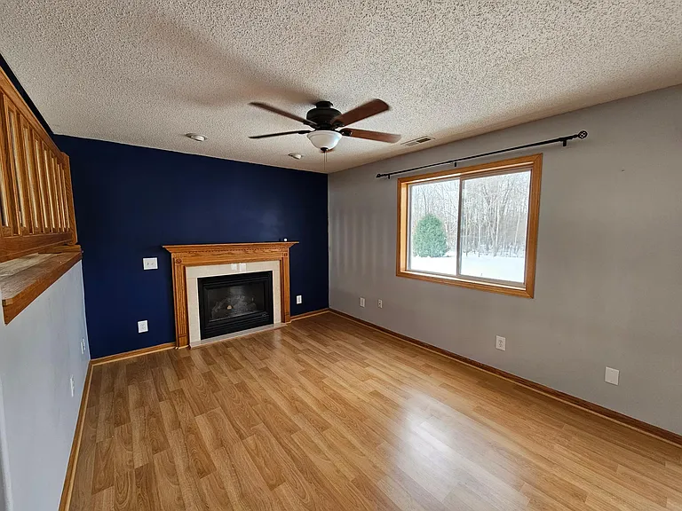 Lower level living area with gas fireplace