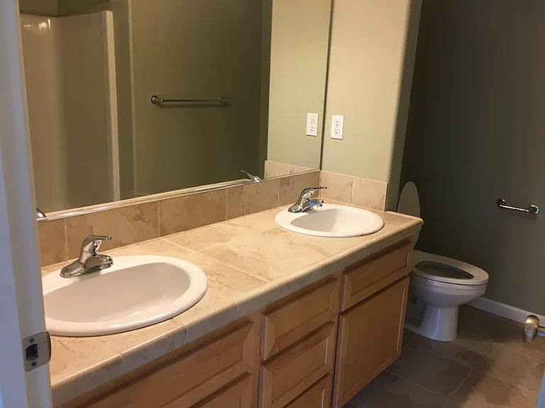 Double sink bathroom with tub shower