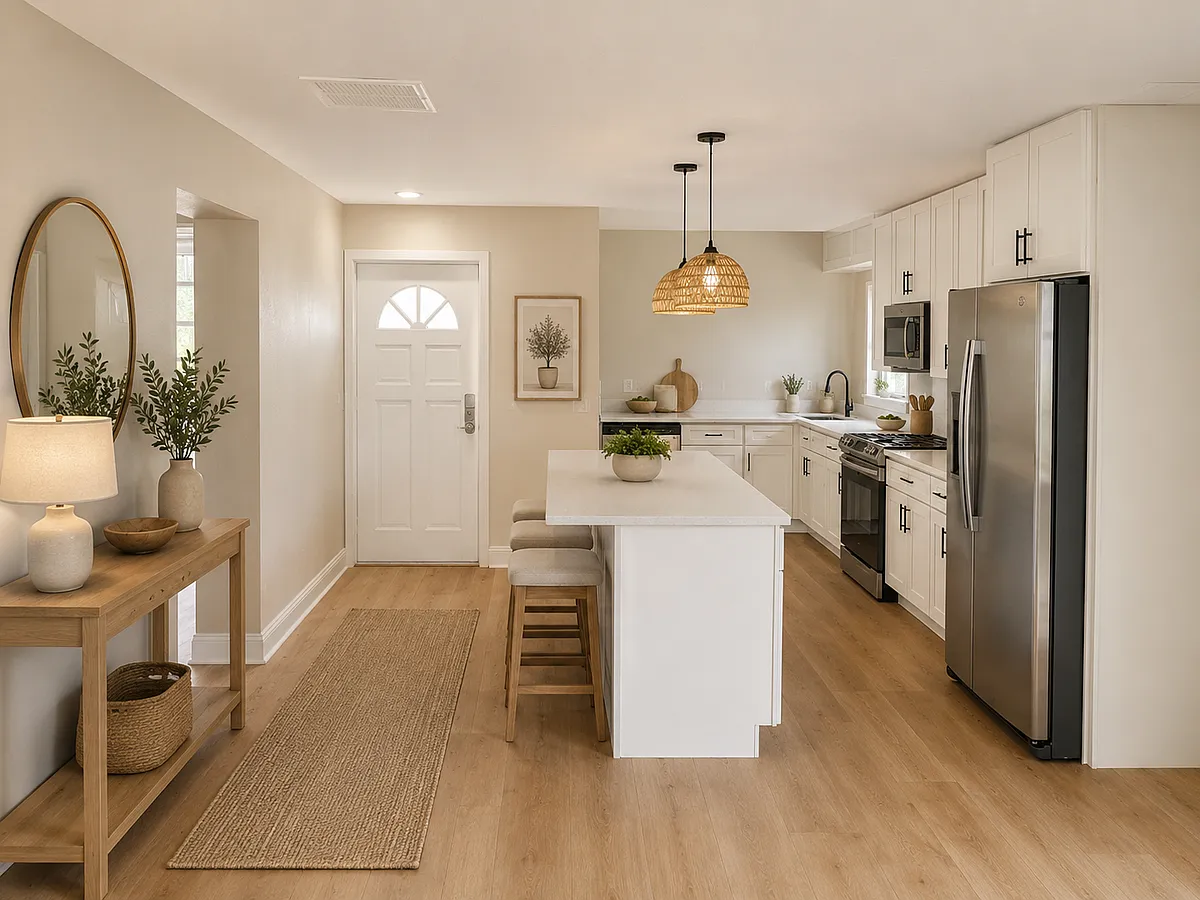 Interior entryway and kitchen. Granite countertops, stainless steel appliances, island that's perfect for entertaining. - 2950 W Bay Dr #1B