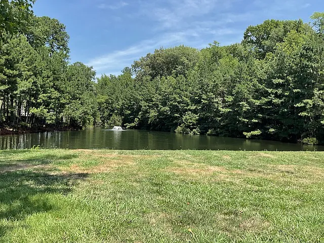 View of backyard and pond with fountain