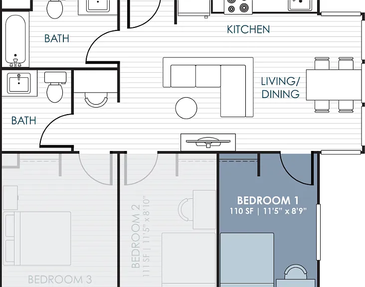 3-Bedroom 1.5-Bathroom Traditional Suite Floorplan Diagram