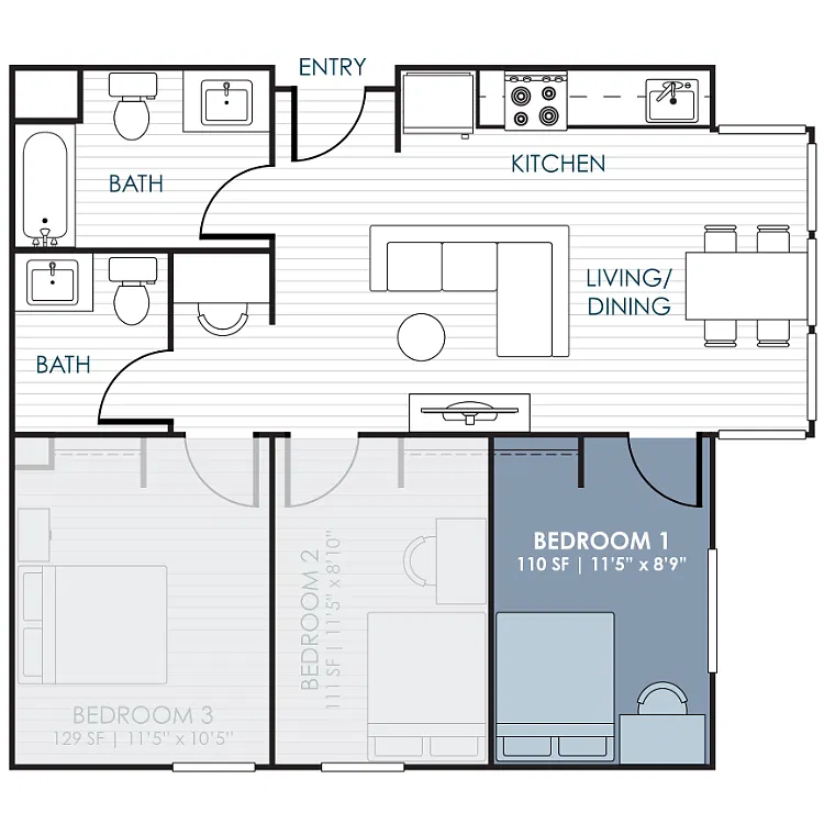 Floor plan 3-Bedroom 1.5-Bathroom Traditional Suite