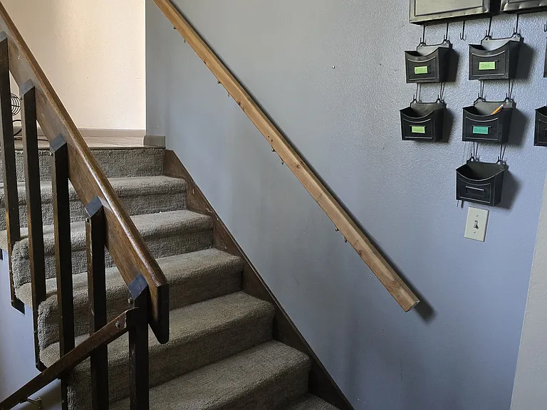 Split-level stair up; stairs are similar to go down to next level and more stairs to basement.