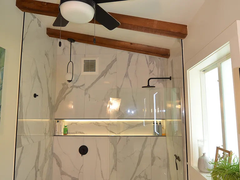 Spa themed bathroom with huge walk in shower.