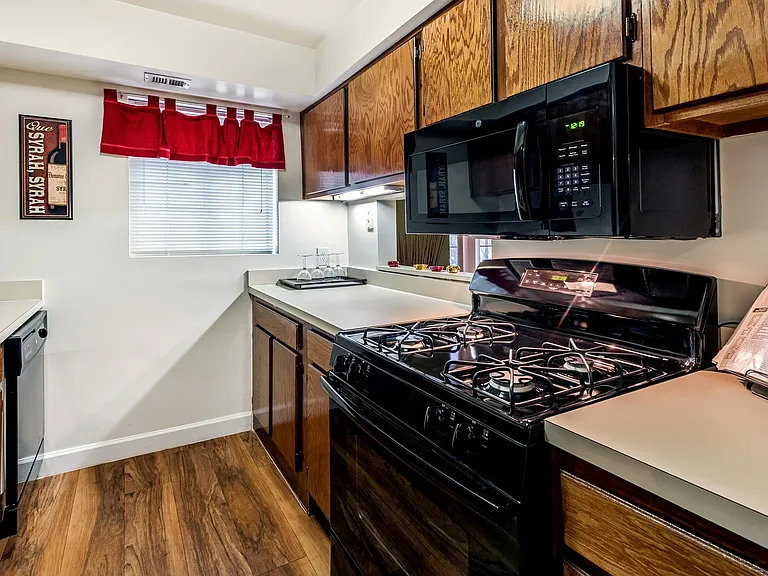 Kitchens provide spacious cabinets and countertops