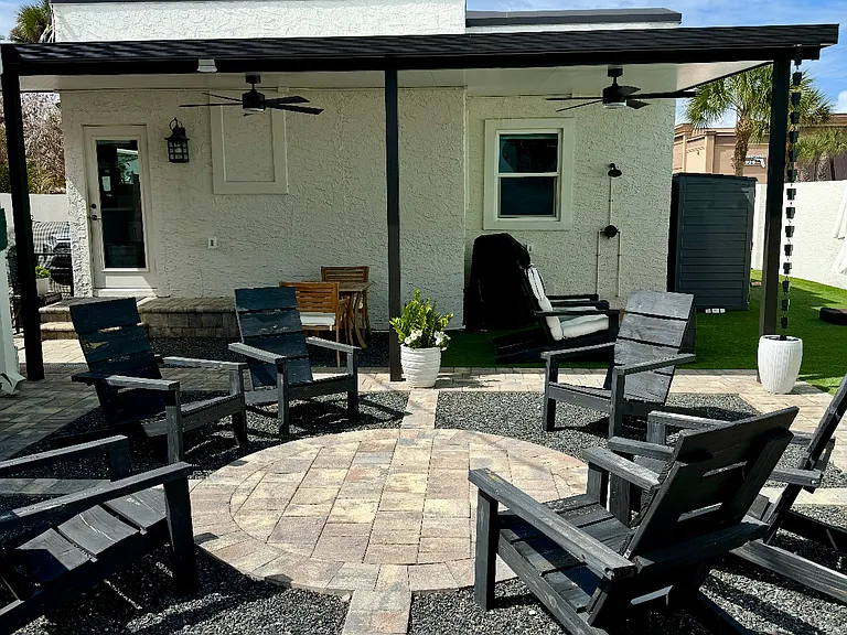 Picture coming soon with outdoor couch and a dining table that seats six.