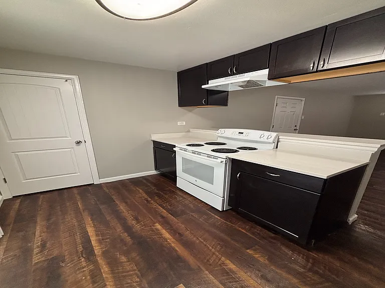 Modern kitchen with dark wood cabinets, sleek countertops, and elegant wood flooring, creating a warm and inviting space.