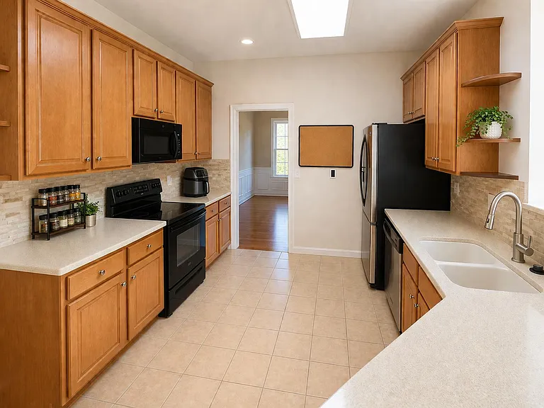 Well-appointed kitchen with abundant wood cabinetry, wide counters, tile backsplash, and black appliances plus double sink.