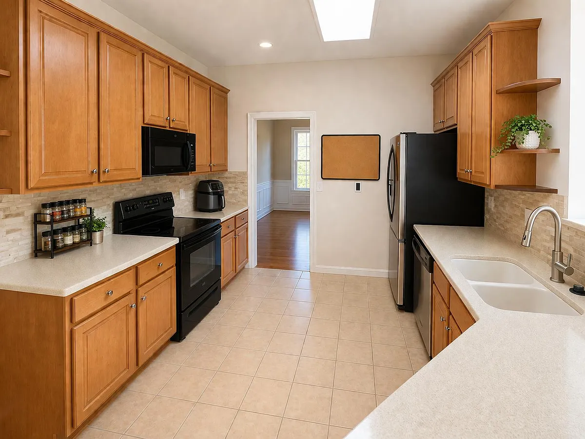 Well-appointed kitchen with abundant wood cabinetry, wide counters, tile backsplash, and black appliances plus double sink. - Oak Grove Pkwy