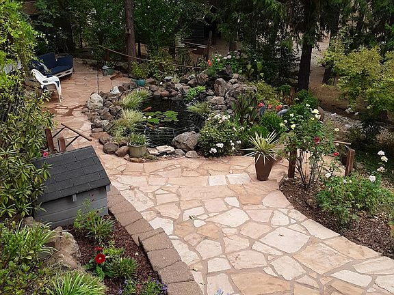 View of koi pond from deck