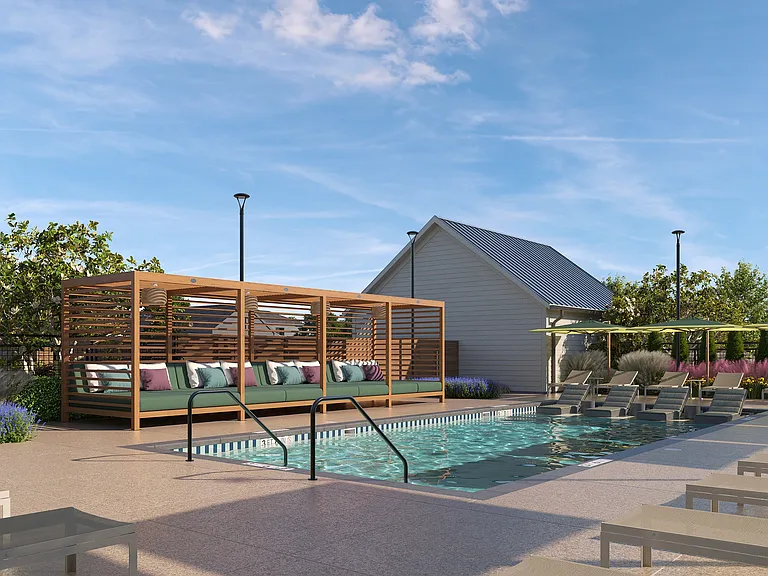 Oxenfree Rowlett pool with cabanas.