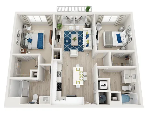 Floor plan B2-2BR-2BA-1037-1060sf