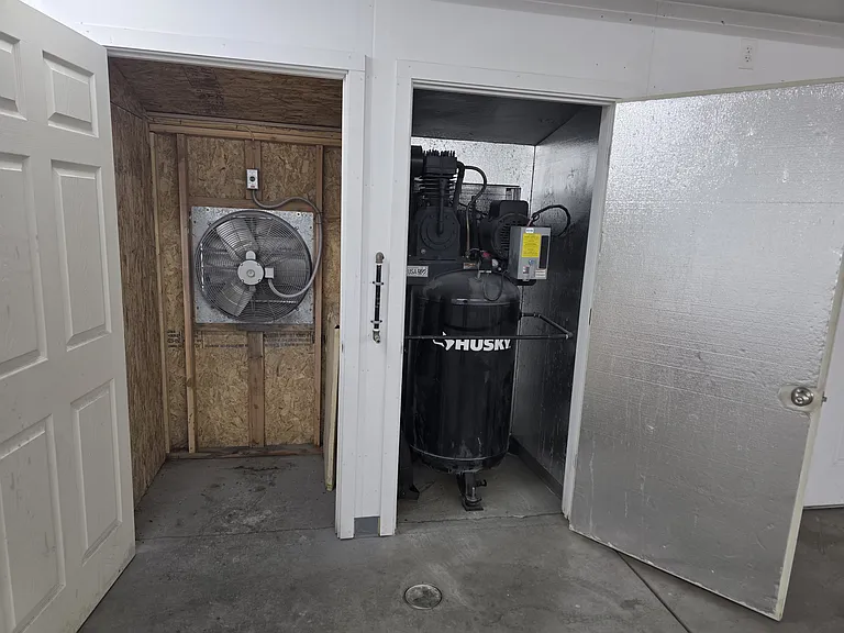3 phase husky compressor with built in airlines and also a entire shop exhaust fan.
Each has their own small buildings that allow you to close the doors and get full use of the foot space inside the shop.The compressor has insulation so it is quite