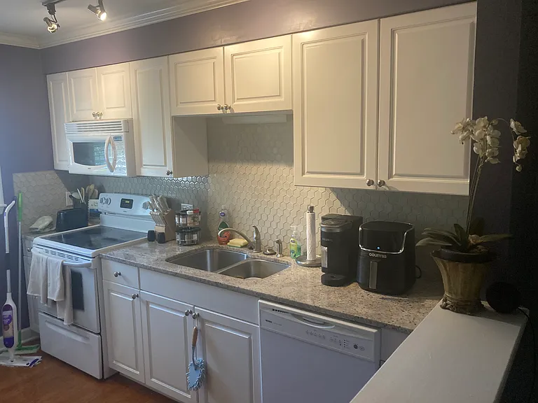Efficient kitchen has stove, microwave, dishwasher, garbage disposal, and double stainless steel sink... refrigerator and washer/dryer are on the left wall. Easy to maintain hardwood floors.