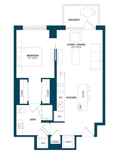 Floor plan 1 Bed/1 Bath-E2 TYP 22