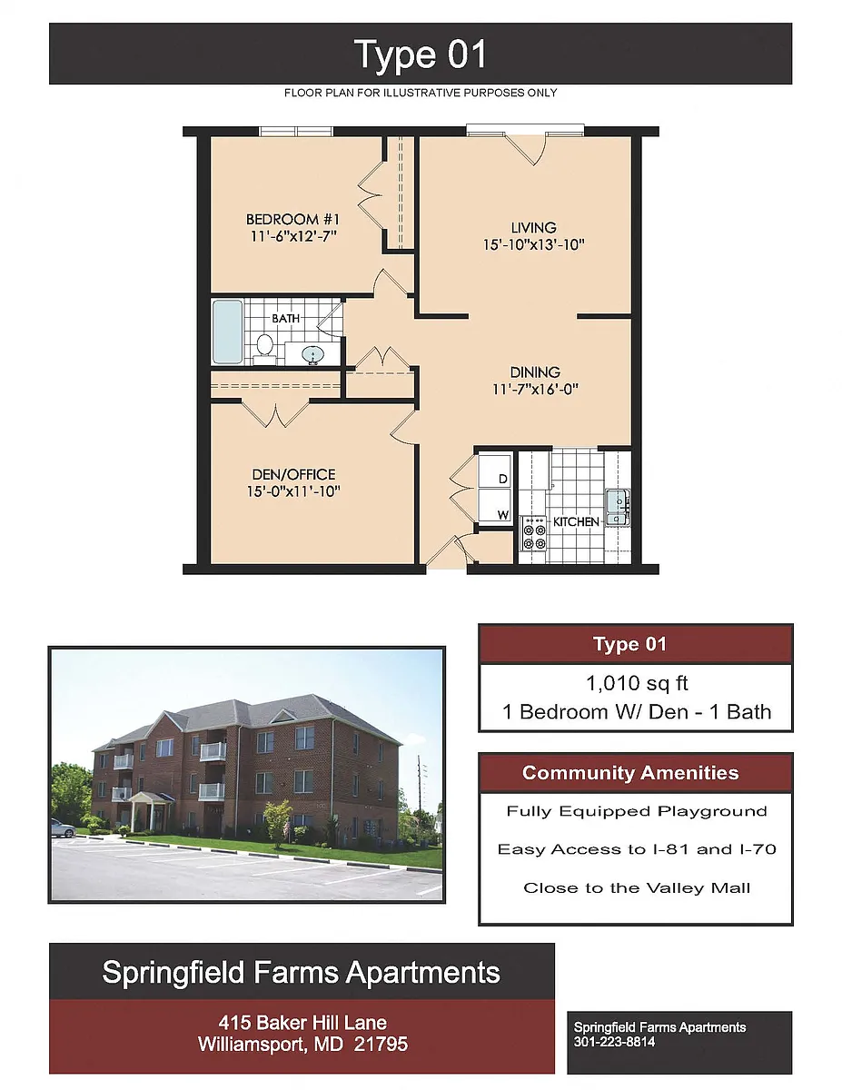 Floor plan 1 bd x 1 bath w/ 1 den