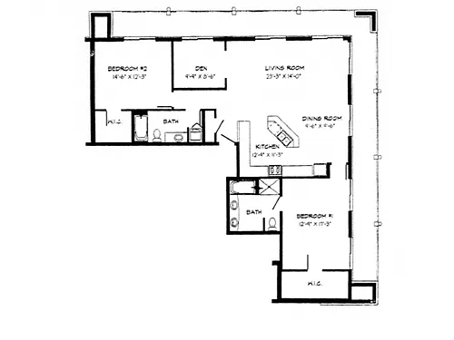 Floor plan 2 Bed / 2 Bath + Den + Penthouse - 1,509 SF