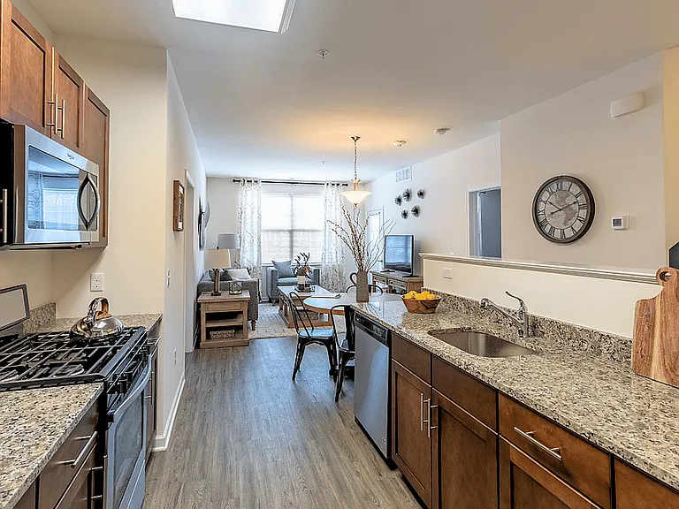 Gourmet-inspired kitchen featuring designer cabinetry, sleek granite countertops, and high-end stainless steel appliances.