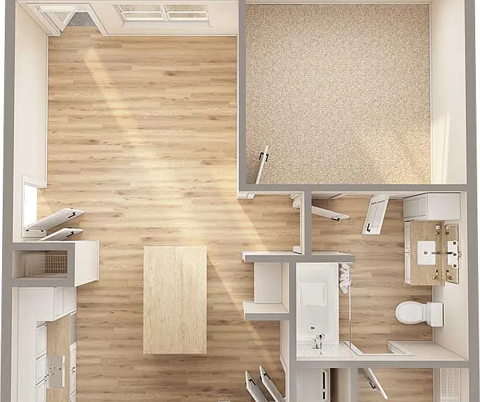 Discover the charm of this modern apartment with a cozy carpeted bedroom and open living space. Discover the charm of this modern apartment with a cozy carpeted bedroom and open living space.