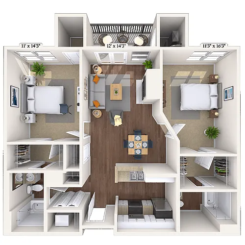 Floor plan Traditional 2x2 1029-1234 SF