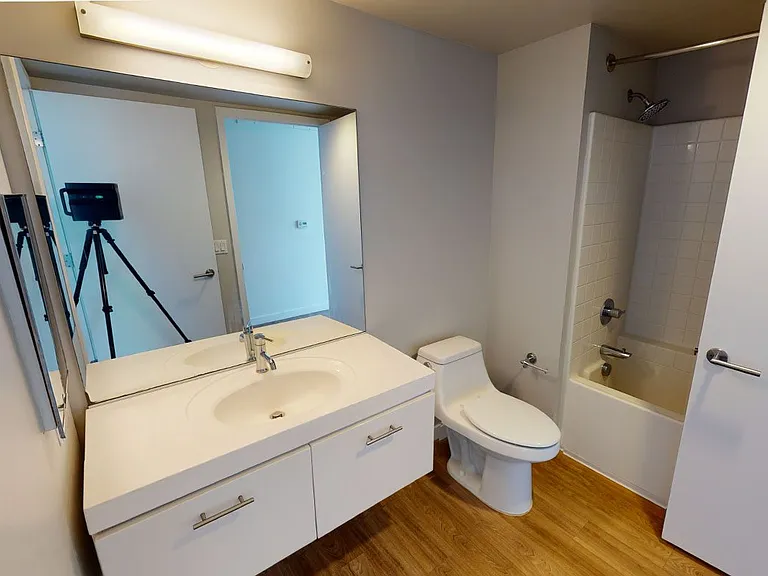 Apartment bathroom with wood-style flooring.