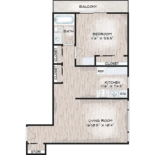 Floor plan One Bed Corner Unit with Balcony