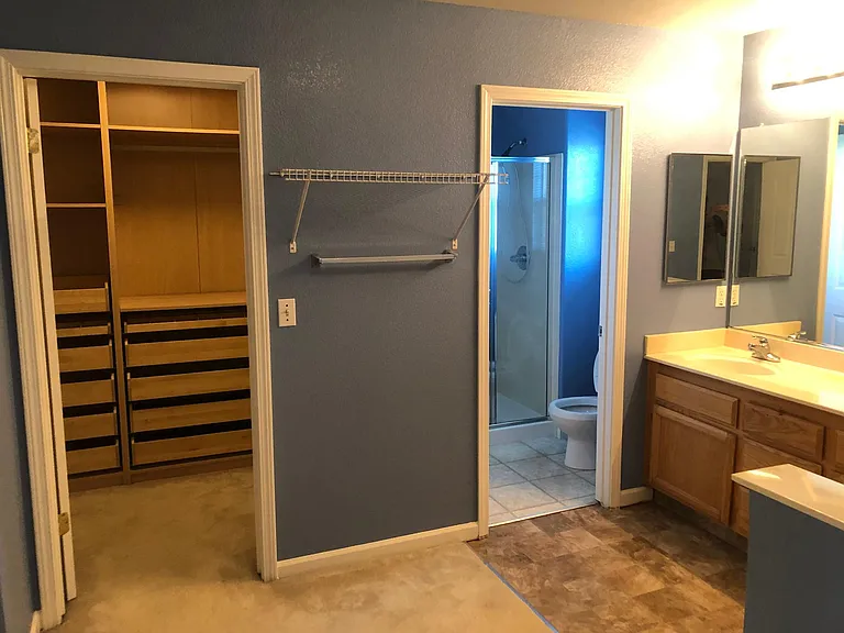 Master Bedroom closet #1 with organizer, toilet, sink and bathtub (hidden to right of counter)