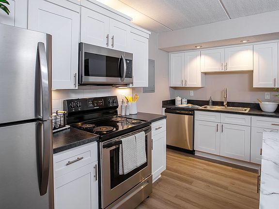 Discover the sleek and functional design of our modern kitchens, featuring stainless steel appliances, black granite-style countertops, and chic white cabinetry, offering the perfect balance of style and efficiency.