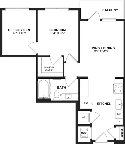 Floor plan 1 Bed/1 Bath Den-A1-B