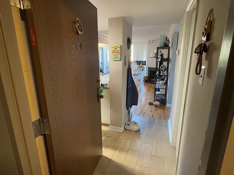 Front door. Directly ahead is the living room/dining area. On the left is the kitchen. Door on the right is to the bathroom.