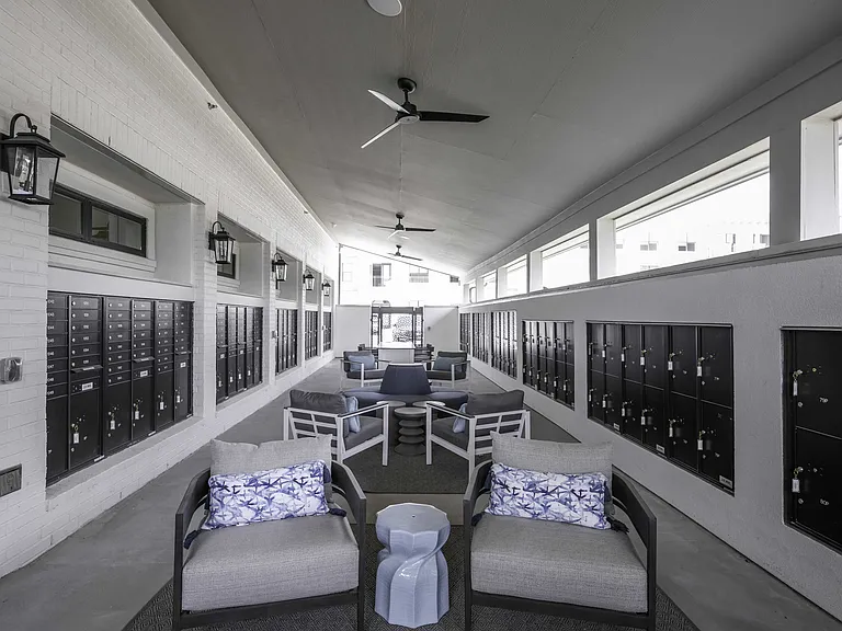 Covered mail room with seating