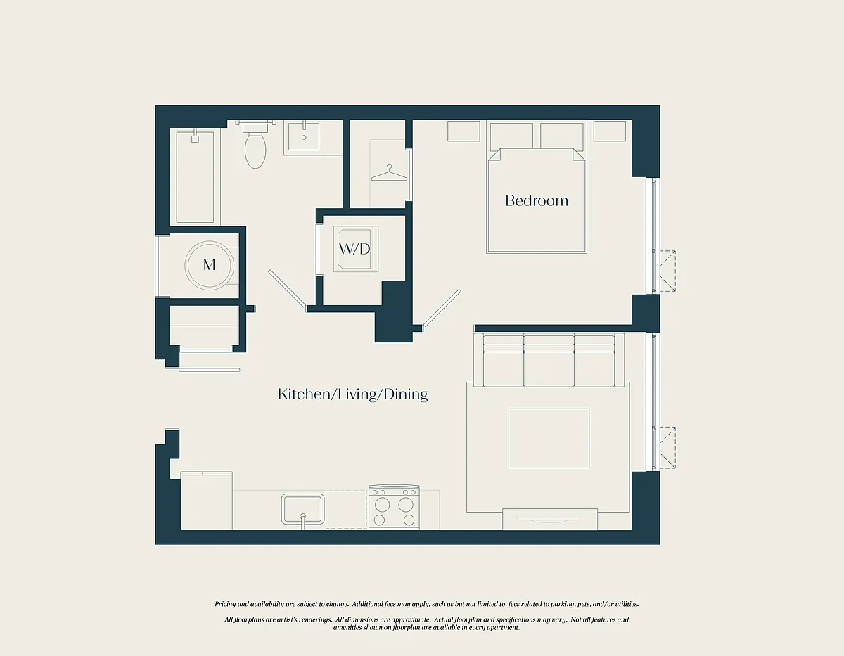 Floor plan 1 Bed - 1 Bath | AJ1