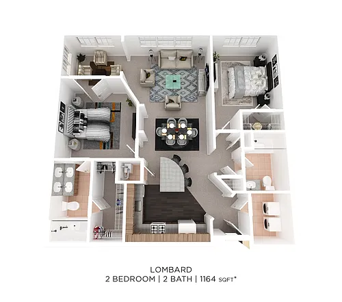 Floor plan Two Bedroom 2 Bath - 1,164 sqft