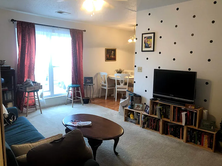 Campus Walk South: Bright room with large windows and neutral carpet ideal for relaxing or entertaining.