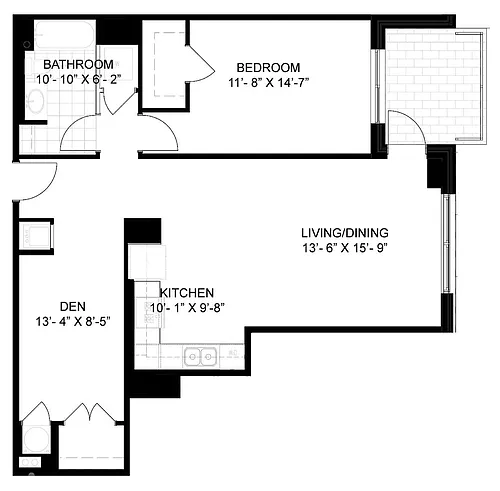 Floor plan 1 Bed/1 Bath Den-B02