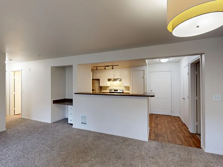 Apartment kitchen with stainless steel appliances, dining and living room with plush carpet flooring and built-in desk.