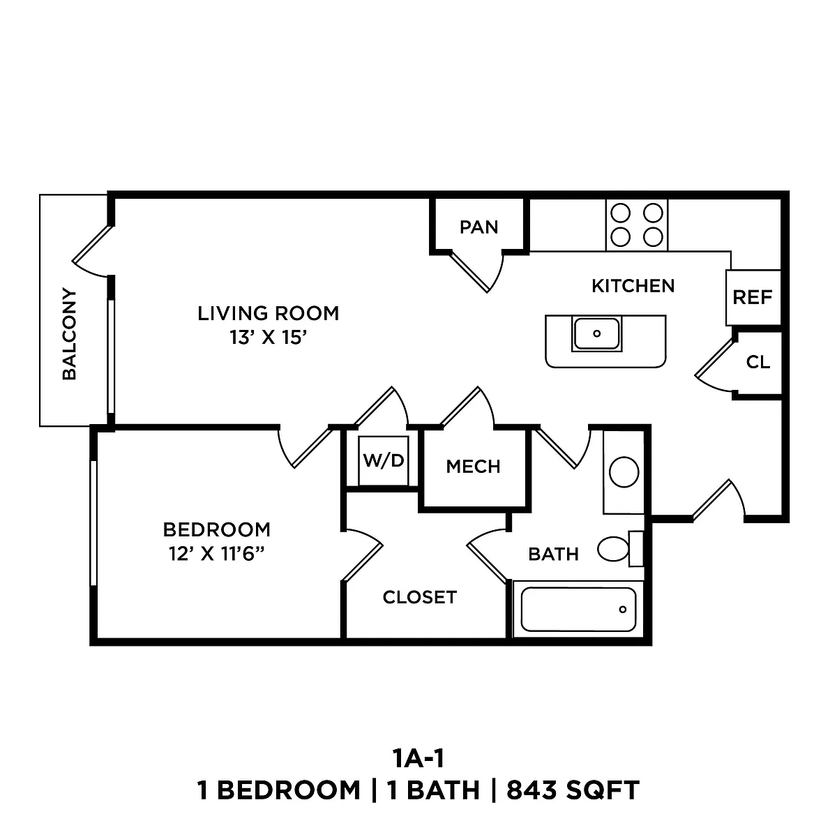Floor plan One Bed One Bath - 843 SqFt
