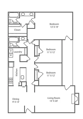 Floor plan 3 Bedroom 2 Bath