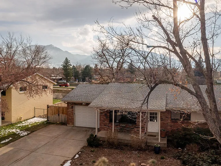 Aerial view of the front of the house, towards the Flatirons.