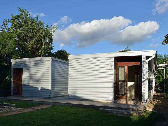 The rear of the duplex with entry to both units.