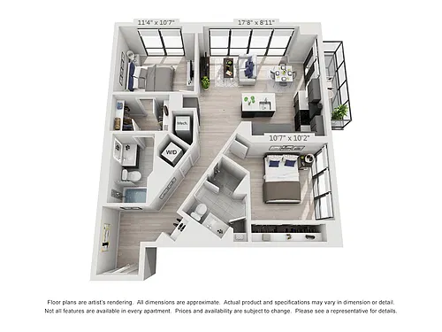 Floor plan Two Bedroom Two Bath Penthouse (995 SF)