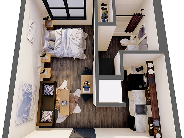 Explore this chic studio apartment featuring an inviting bedroom and an open-concept living space. Explore this chic studio apartment featuring an inviting bedroom and an open-concept living space.