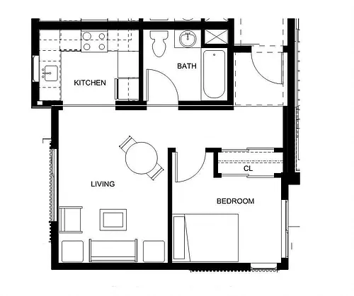 Floor plan One Bedroom One Bath U-shape