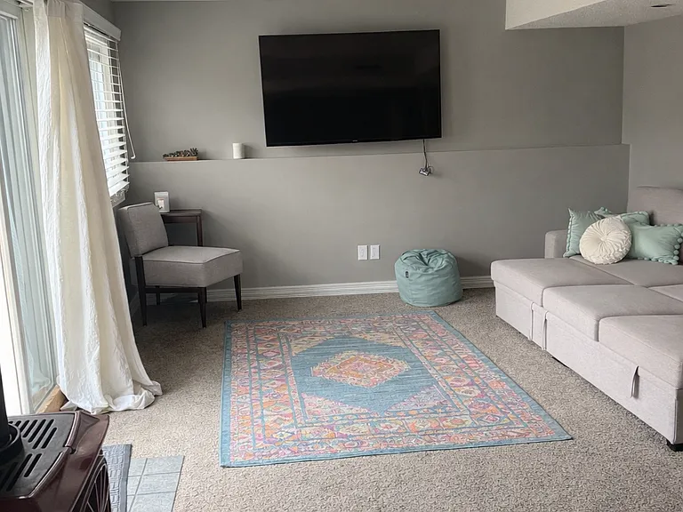 Downstairs family room that has a walkout sliding glass door to the outside and a small gas stove.