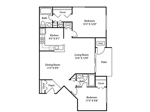 Floor plan Two Bedroom Two Bath (937 SF)