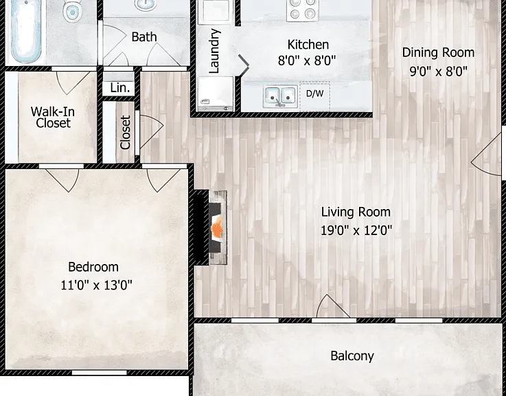 1 Bed 1 Bath Floorplan Diagram