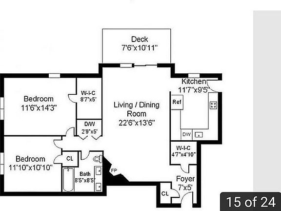 Layout and room sizes to help with your planning of furniture and to know if this condo is right for you.