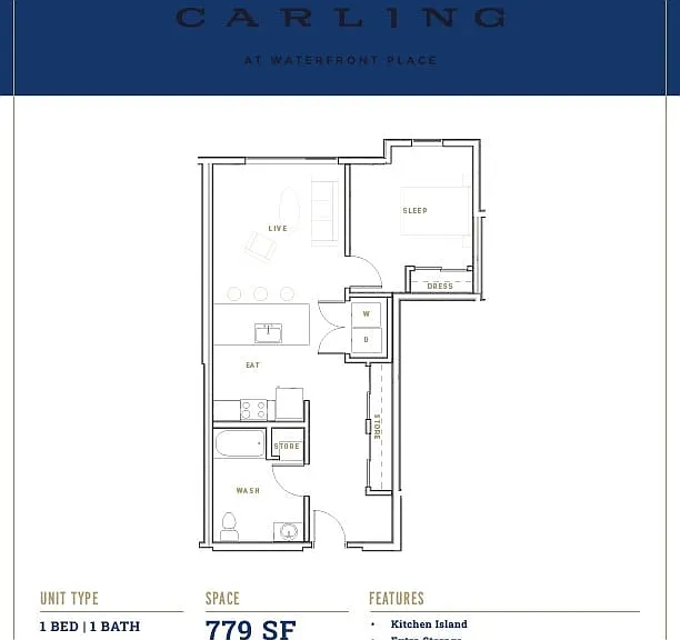 Explore the sleek and efficient layout of The Carling's 1-bedroom unit at Waterfront Place. Explore the sleek and efficient layout of The Carling's 1-bedroom unit at Waterfront Place.