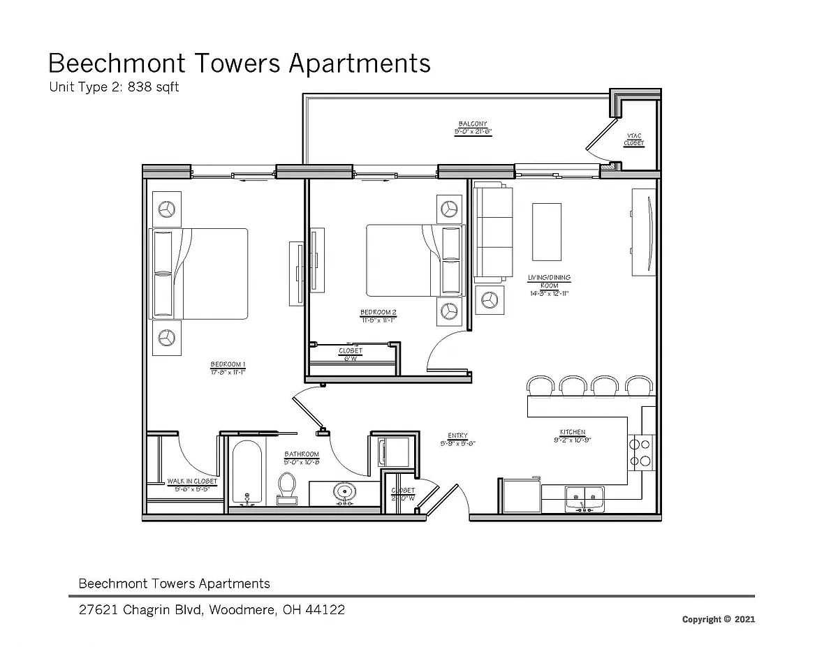 Floor plan 2 Bedroom 1 Bath Premier